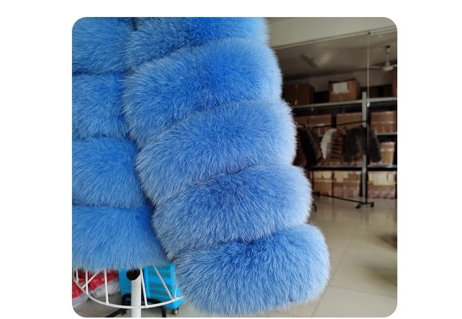 Women's Winter Luxury Sky Blue Natural Fox Raccoon Fur Jackets