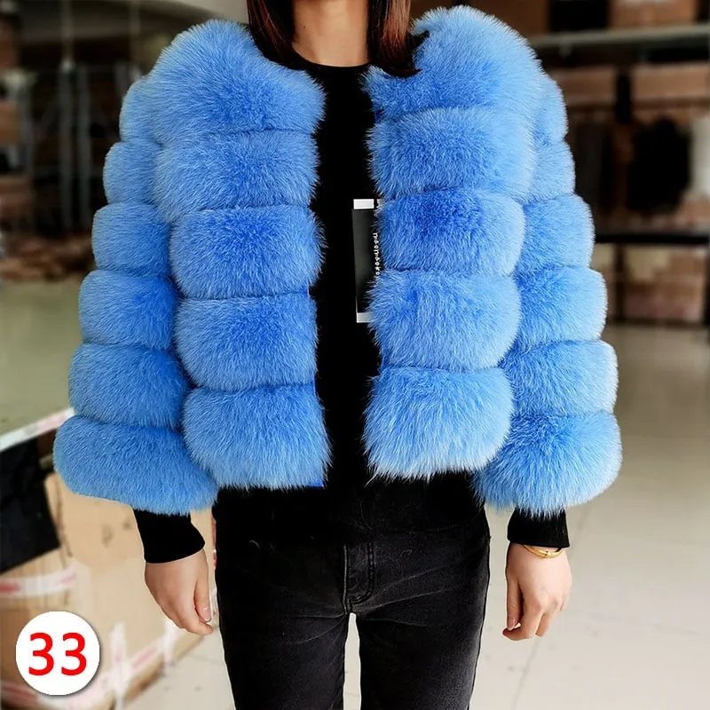 Women's Winter Luxury Sky Blue Natural Fox Raccoon Fur Jackets