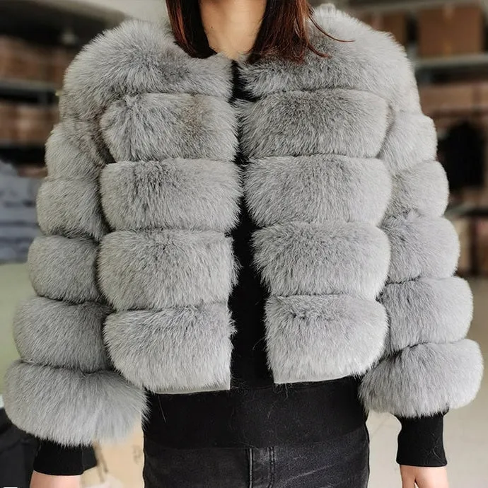 Women's Winter Luxury Smoke Grey Natural Fox Raccoon Fur Jackets