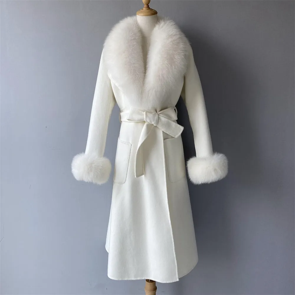 Women's Winter Solid Cashmere Woolen Real Fox Fur Collar Cuffs Belt Jacket