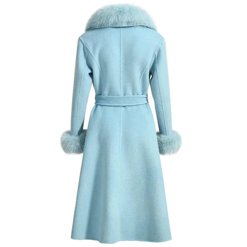 Women's Winter Solid Cashmere Woolen Real Fox Fur Collar Cuffs Belt Jacket