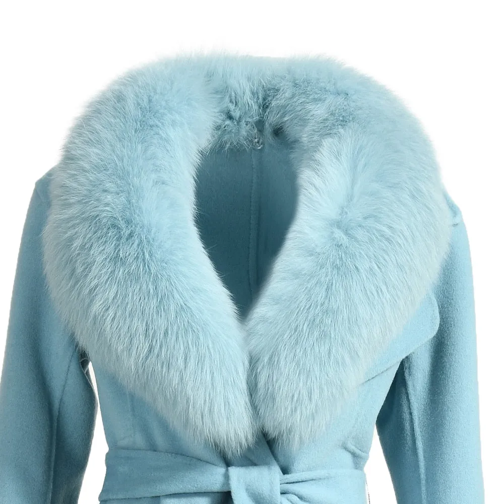 Women's Winter Solid Cashmere Woolen Real Fox Fur Collar Cuffs Belt Jacket