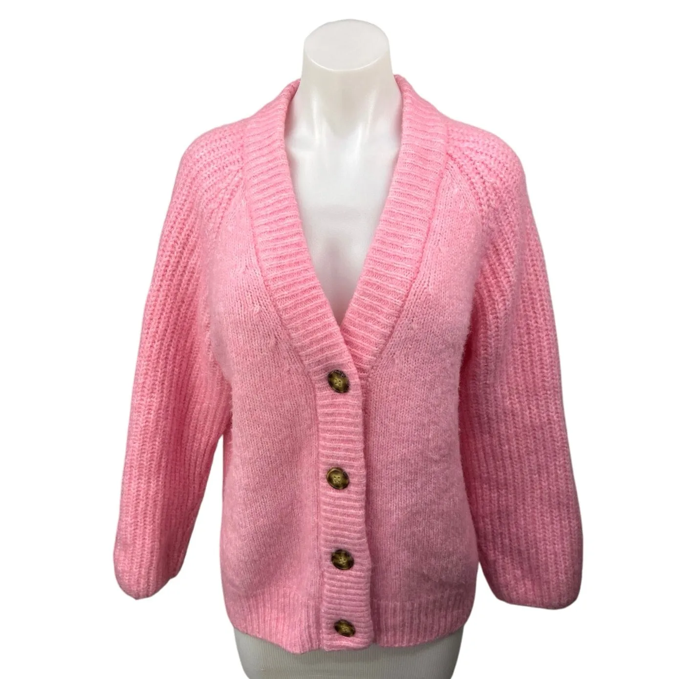 Zara Women's Pink Wool Alpaca Chunky Knit Button V-neck Cardigan Sweater Top M